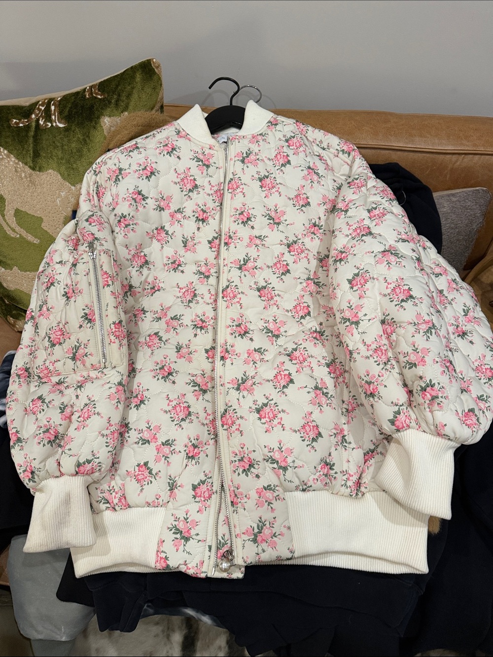 Floral Quilted Bomber Jacket - Cream with Pink Floral Print